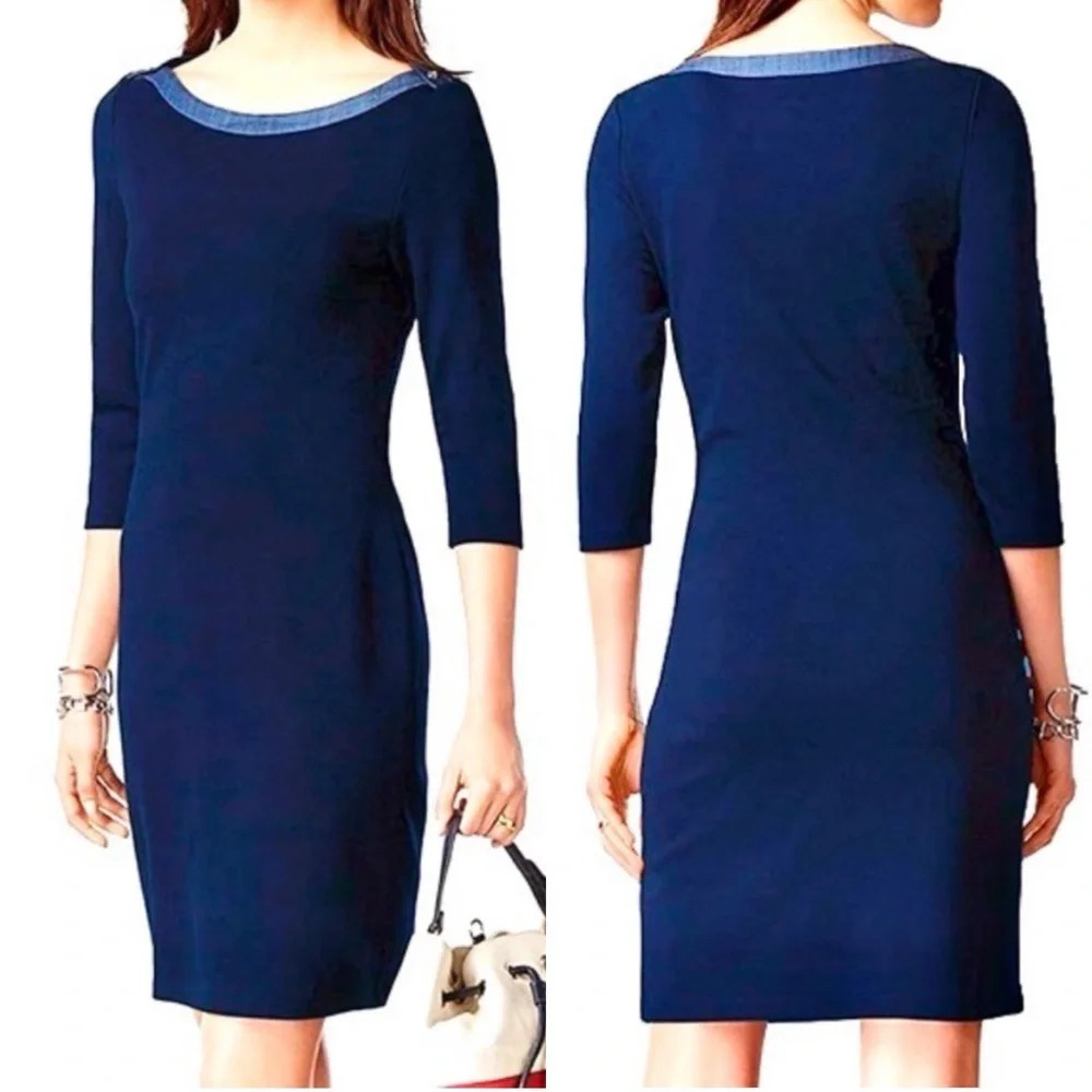 TOMMY HILFIGER Nautical Boat Neck Navy Blue Semi Fitted Midi Dress